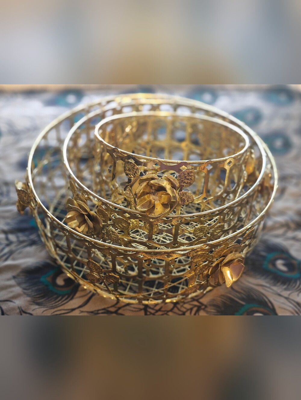 Vintage MCM Gold Wire Nesting Baskets Raised Flower Set Of 3